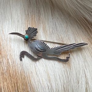 Turquoise and silver roadrunner brooch
